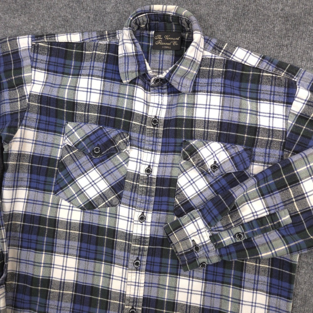 The Vermont Flannel Co Shirt Mens XS Blue Green Tartan Plaid Outdoor Made In USA